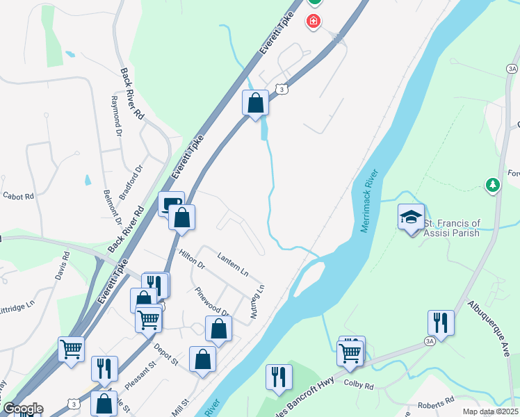 map of restaurants, bars, coffee shops, grocery stores, and more near 5 Gilbert Drive in Merrimack