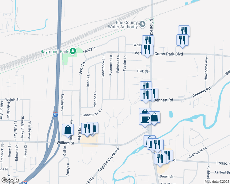 map of restaurants, bars, coffee shops, grocery stores, and more near 17 Fairoaks Lane in Cheektowaga