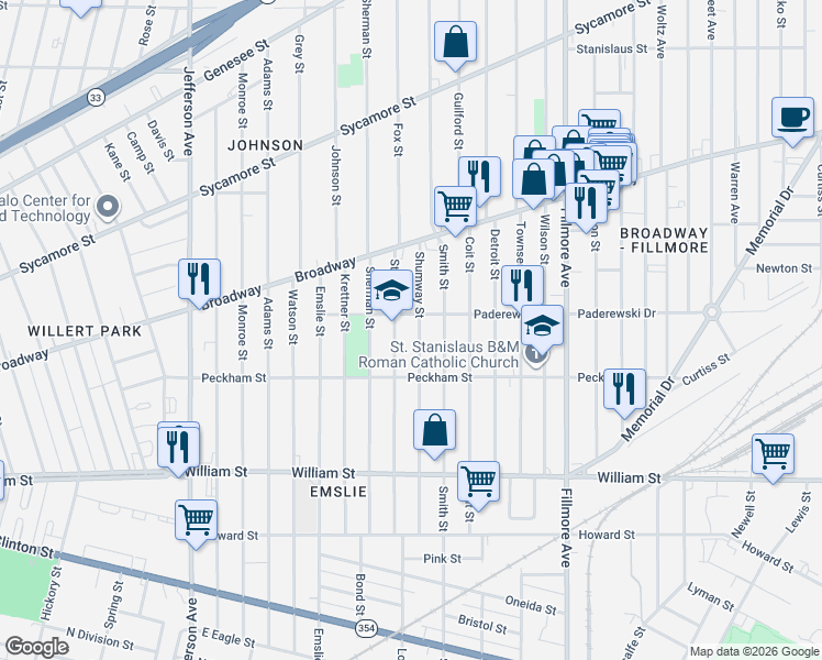 map of restaurants, bars, coffee shops, grocery stores, and more near 81 Paderewski Drive in Buffalo