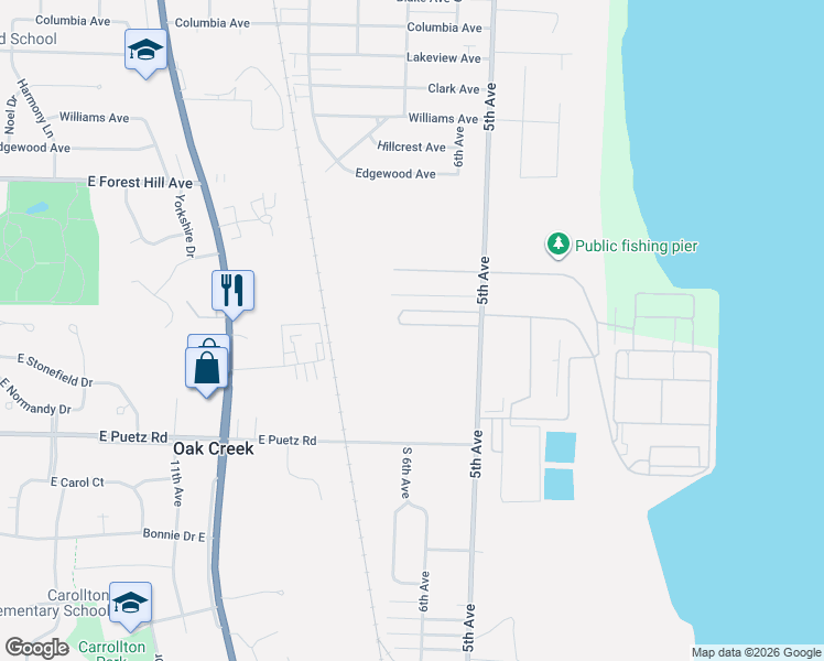 map of restaurants, bars, coffee shops, grocery stores, and more near 8481 5th Avenue in Oak Creek