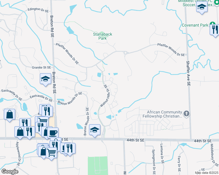 map of restaurants, bars, coffee shops, grocery stores, and more near 4160 Blue Heron Drive Southeast in Grand Rapids
