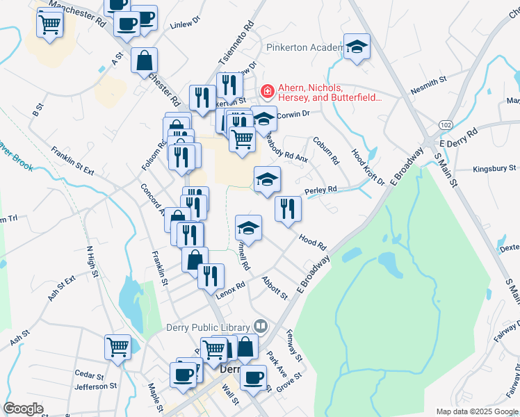 map of restaurants, bars, coffee shops, grocery stores, and more near 5 Hood Road in Derry