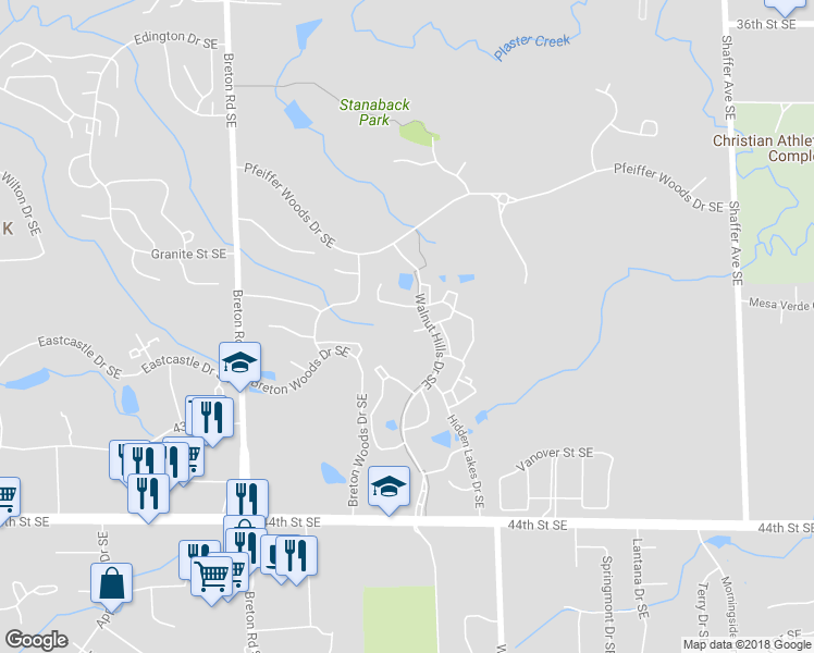 map of restaurants, bars, coffee shops, grocery stores, and more near 2671 Walnut Hills Court Southeast in Kentwood