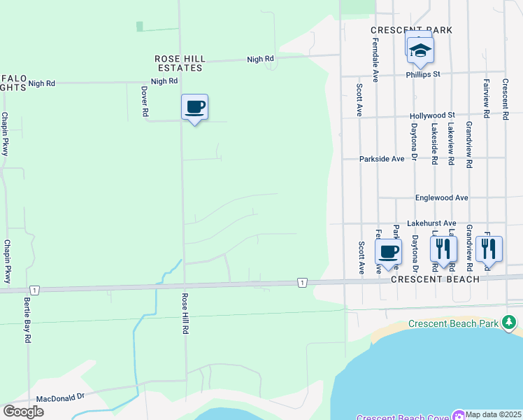 map of restaurants, bars, coffee shops, grocery stores, and more near 1612 Chatham Road in Fort Erie
