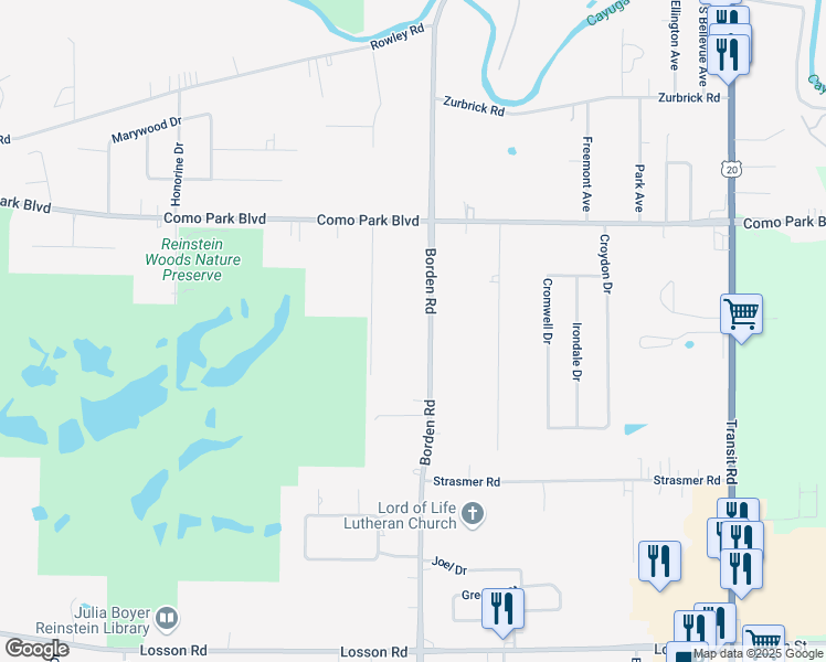 map of restaurants, bars, coffee shops, grocery stores, and more near 1276 Borden Road in Depew