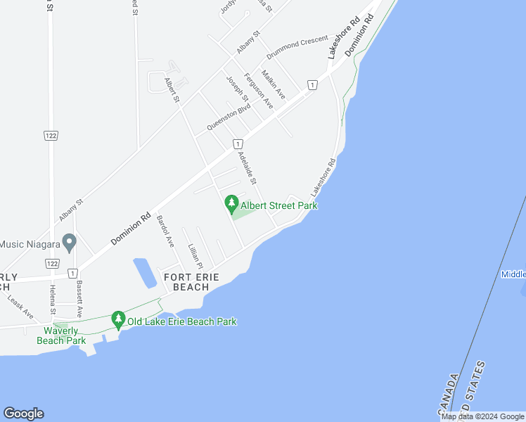 map of restaurants, bars, coffee shops, grocery stores, and more near 8 Adelaide Street in Fort Erie