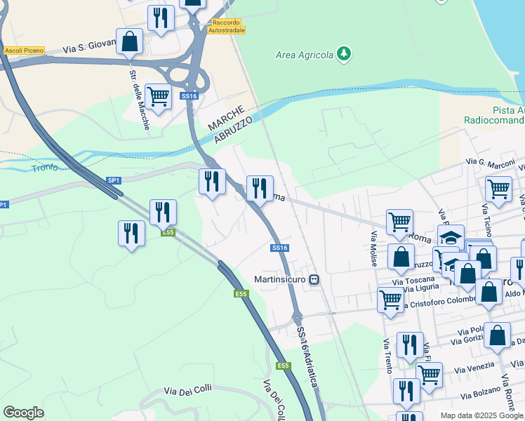 map of restaurants, bars, coffee shops, grocery stores, and more near Via Colle di Marzio in Martinsicuro