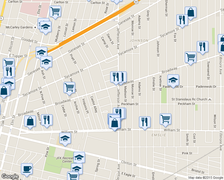 map of restaurants, bars, coffee shops, grocery stores, and more near 511 Broadway in Buffalo