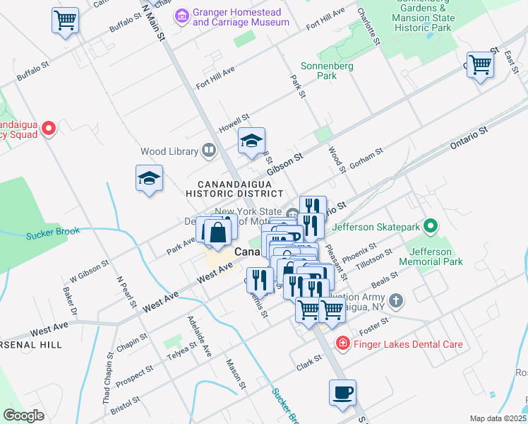 map of restaurants, bars, coffee shops, grocery stores, and more near 12 Gorham Street in Canandaigua