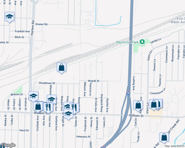 map of restaurants, bars, coffee shops, grocery stores, and more near 107 Patricia Lane in Buffalo