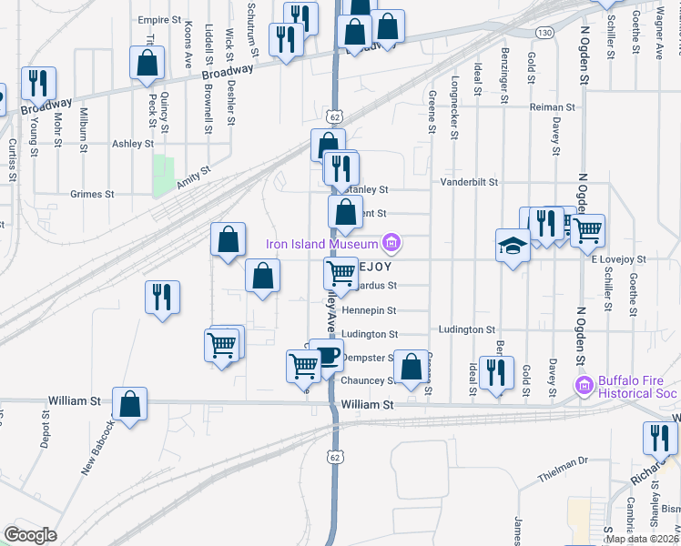map of restaurants, bars, coffee shops, grocery stores, and more near 1292 Bailey Avenue in Buffalo