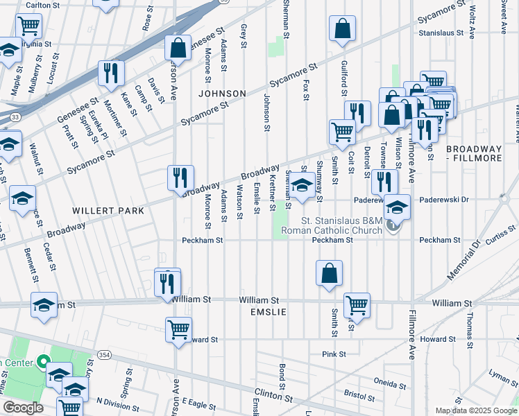 map of restaurants, bars, coffee shops, grocery stores, and more near 472 Emslie Street in Buffalo