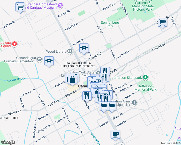map of restaurants, bars, coffee shops, grocery stores, and more near 12 Gorham Street in Canandaigua