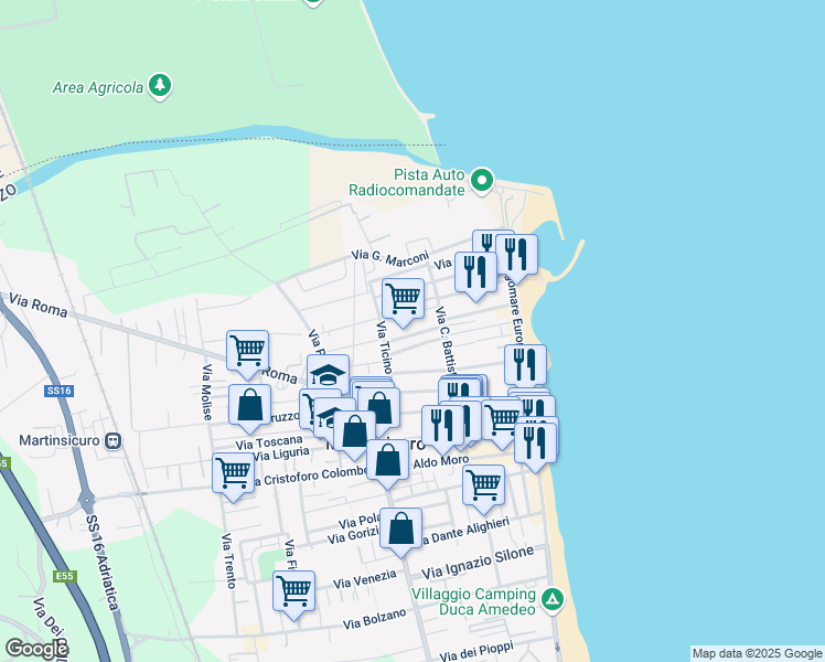 map of restaurants, bars, coffee shops, grocery stores, and more near 18 Via Vasco de Gama in Martinsicuro