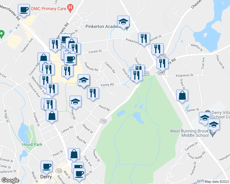 map of restaurants, bars, coffee shops, grocery stores, and more near 35 Brandywyne Common in Derry