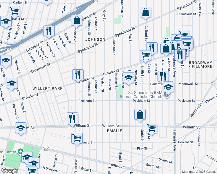 map of restaurants, bars, coffee shops, grocery stores, and more near 472 Emslie Street in Buffalo