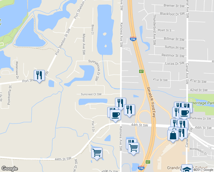 map of restaurants, bars, coffee shops, grocery stores, and more near 6624 Suncrest Avenue in Grandville