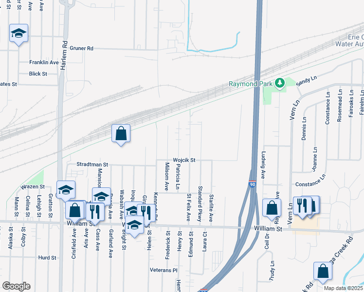map of restaurants, bars, coffee shops, grocery stores, and more near 107 Patricia Lane in Buffalo