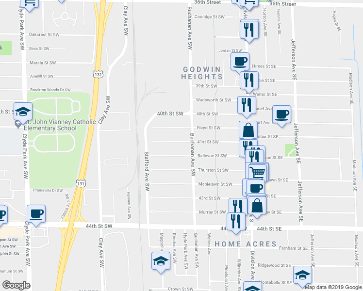 map of restaurants, bars, coffee shops, grocery stores, and more near 224 41st Street Southwest in Grand Rapids
