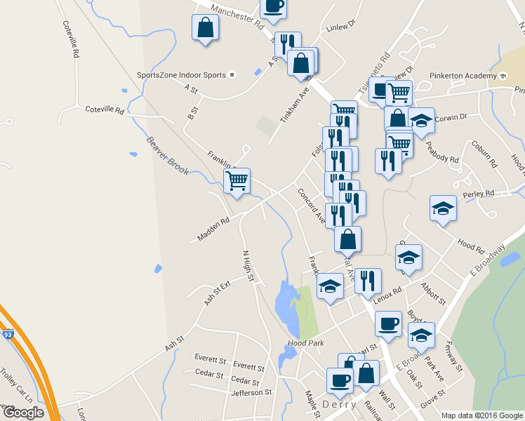 map of restaurants, bars, coffee shops, grocery stores, and more near 6 Ferland Drive in Derry