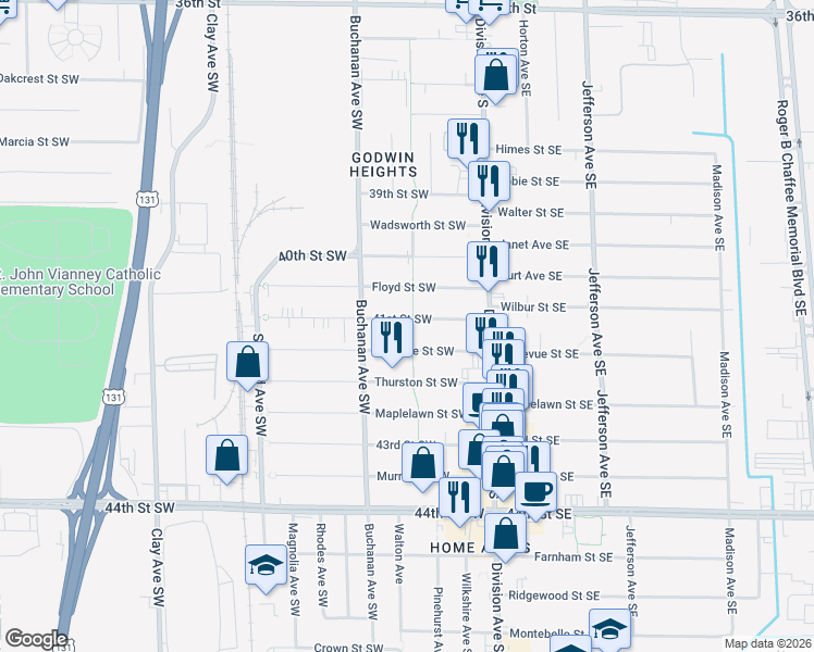 map of restaurants, bars, coffee shops, grocery stores, and more near 136 41st Street Southwest in Grand Rapids