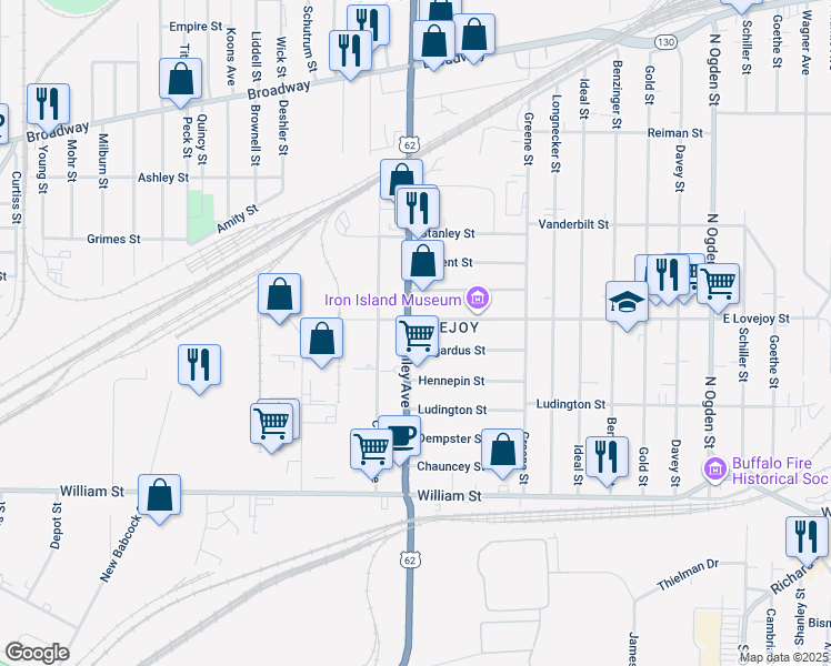 map of restaurants, bars, coffee shops, grocery stores, and more near 1287 Bailey Avenue in Buffalo