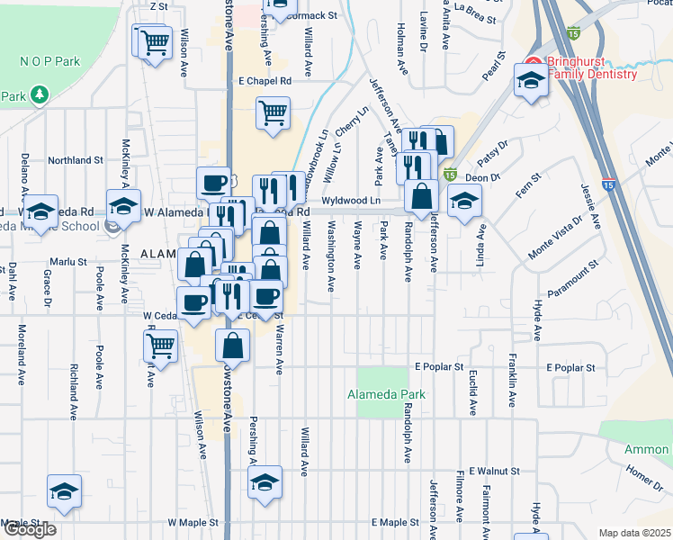 map of restaurants, bars, coffee shops, grocery stores, and more near 770 Washington Avenue in Pocatello