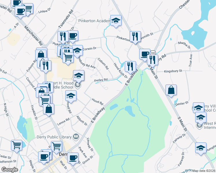 map of restaurants, bars, coffee shops, grocery stores, and more near 35 Brandywyne Common in Derry