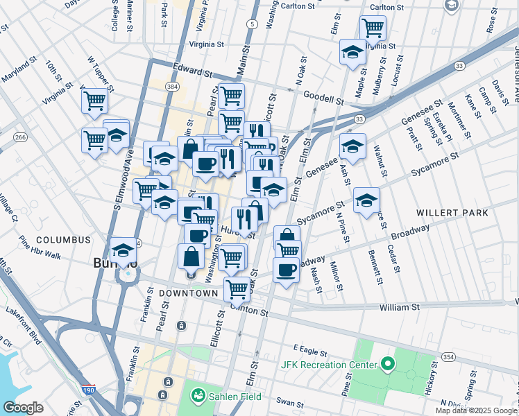map of restaurants, bars, coffee shops, grocery stores, and more near 111 Genesee Street in Buffalo