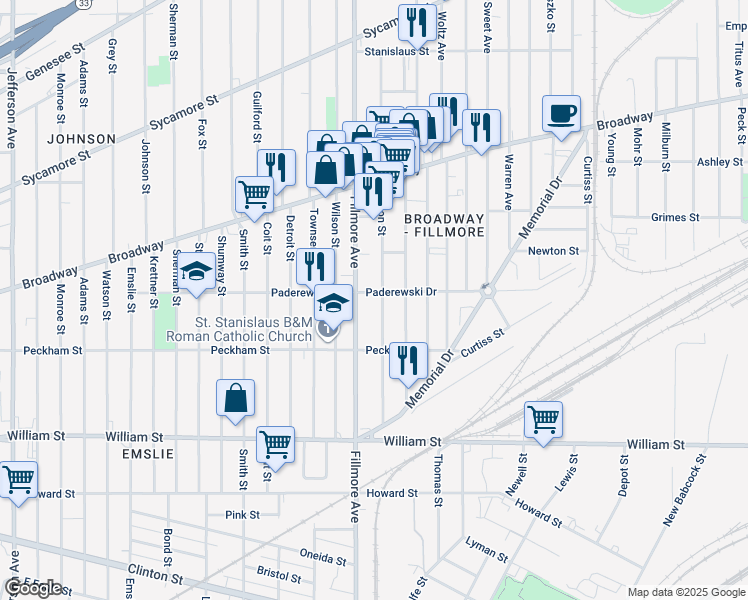 map of restaurants, bars, coffee shops, grocery stores, and more near 275 Paderewski Drive in Buffalo
