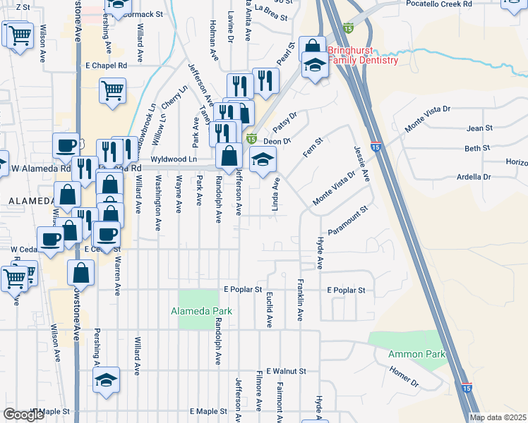 map of restaurants, bars, coffee shops, grocery stores, and more near 906 Redwood Street in Pocatello