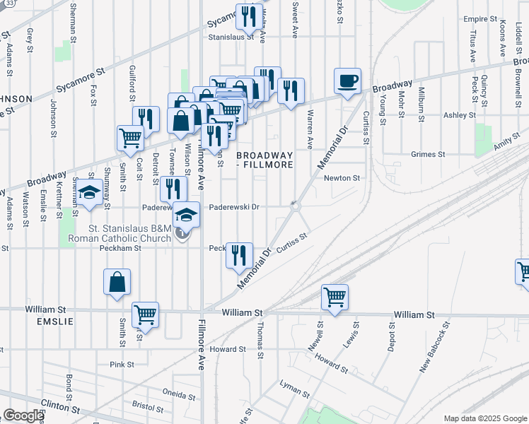 map of restaurants, bars, coffee shops, grocery stores, and more near 357 Paderewski Drive in Buffalo