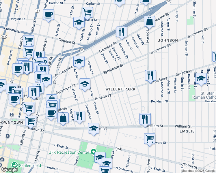 map of restaurants, bars, coffee shops, grocery stores, and more near 391 Hickory Street in Buffalo