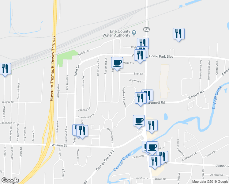 map of restaurants, bars, coffee shops, grocery stores, and more near 17 Fairoaks Ln in Cheektowaga