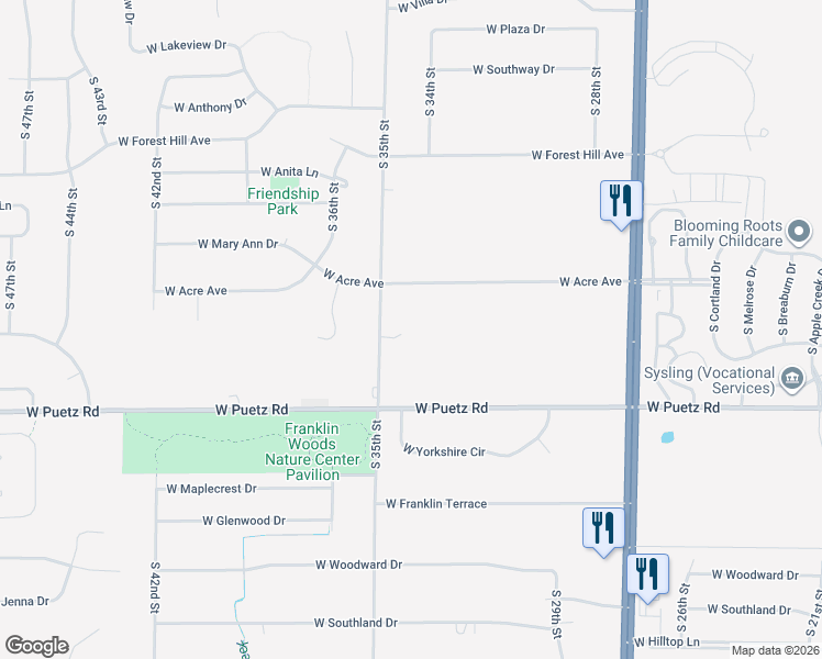 map of restaurants, bars, coffee shops, grocery stores, and more near 8560 South 35th Street in Franklin
