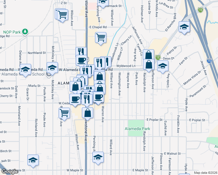map of restaurants, bars, coffee shops, grocery stores, and more near 797 Willard Ave in Pocatello