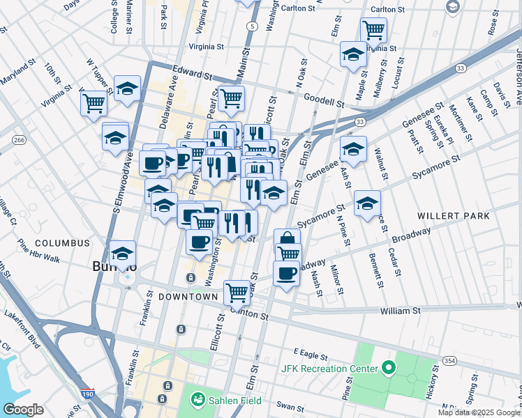 map of restaurants, bars, coffee shops, grocery stores, and more near 111 Genesee Street in Buffalo