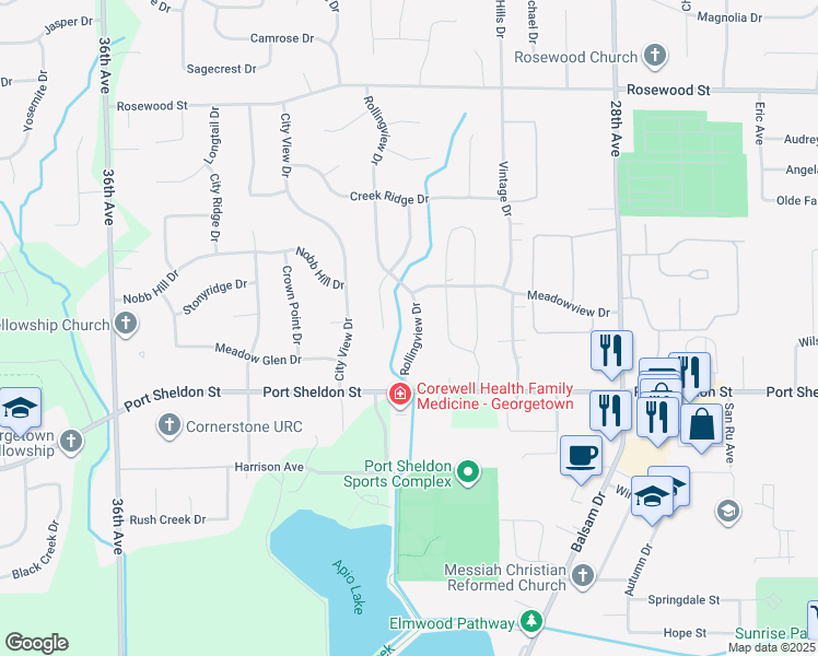 map of restaurants, bars, coffee shops, grocery stores, and more near 6615 Rollingview Drive in Hudsonville
