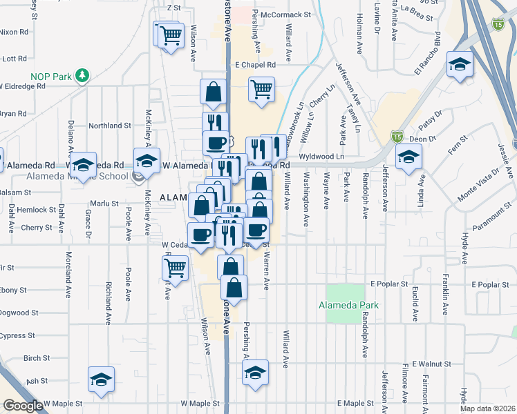 map of restaurants, bars, coffee shops, grocery stores, and more near 797 Willard Ave in Pocatello
