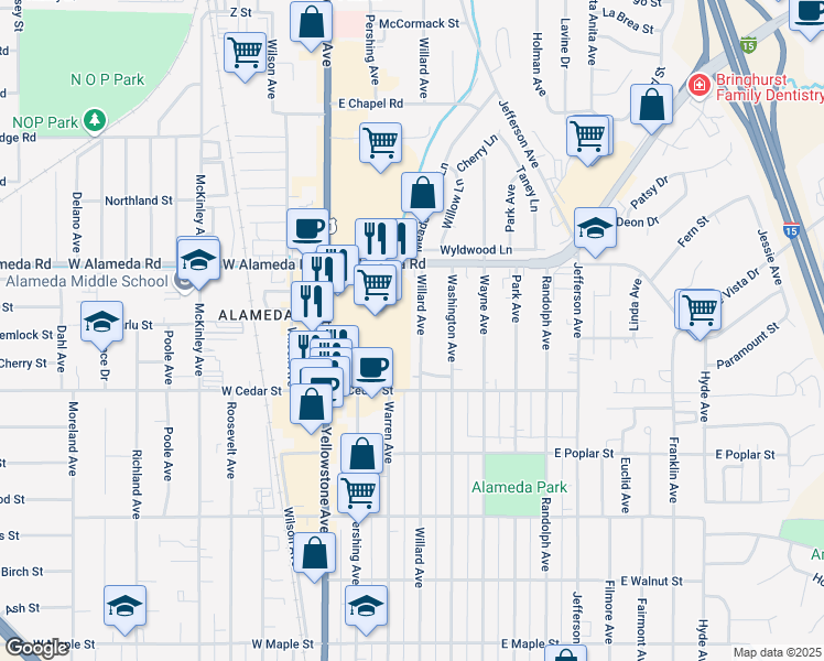 map of restaurants, bars, coffee shops, grocery stores, and more near 794 Willard Avenue in Pocatello
