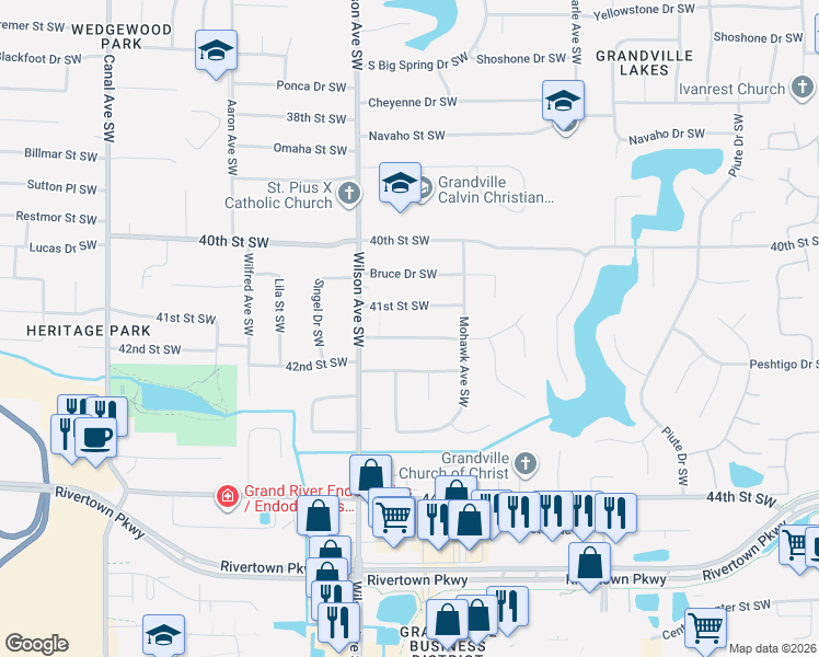 map of restaurants, bars, coffee shops, grocery stores, and more near 3931 Blackhawk Drive Southwest in Grandville