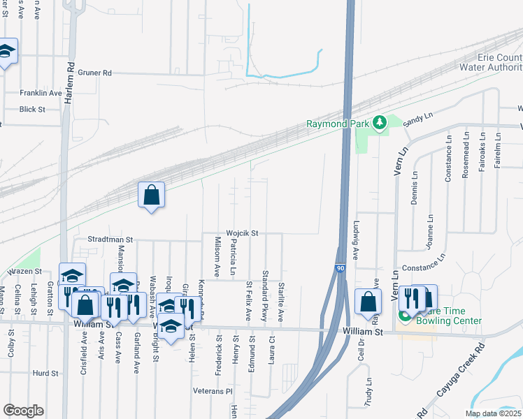map of restaurants, bars, coffee shops, grocery stores, and more near 184 Standard Parkway in Cheektowaga