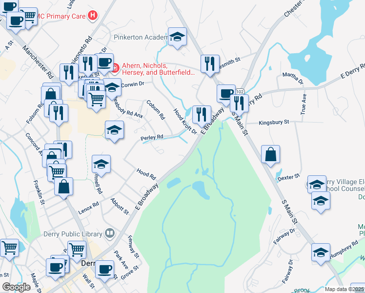 map of restaurants, bars, coffee shops, grocery stores, and more near 44 1/2 Mallard Court in Derry