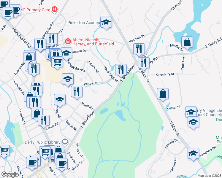 map of restaurants, bars, coffee shops, grocery stores, and more near 44 1/2 Mallard Court in Derry