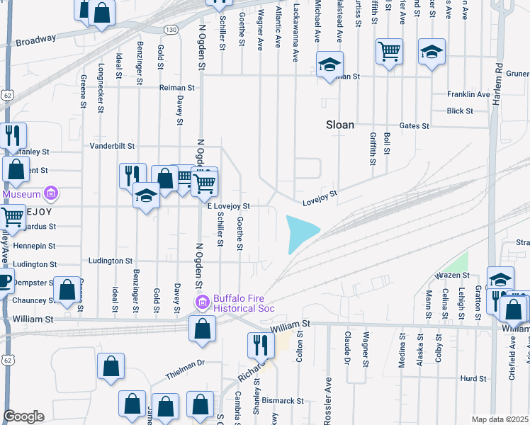 map of restaurants, bars, coffee shops, grocery stores, and more near 1359 East Lovejoy Street in Buffalo