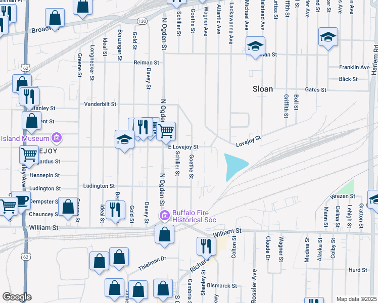 map of restaurants, bars, coffee shops, grocery stores, and more near 1321 East Lovejoy Street in Buffalo