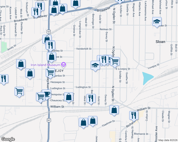 map of restaurants, bars, coffee shops, grocery stores, and more near 1113 East Lovejoy Street in Buffalo