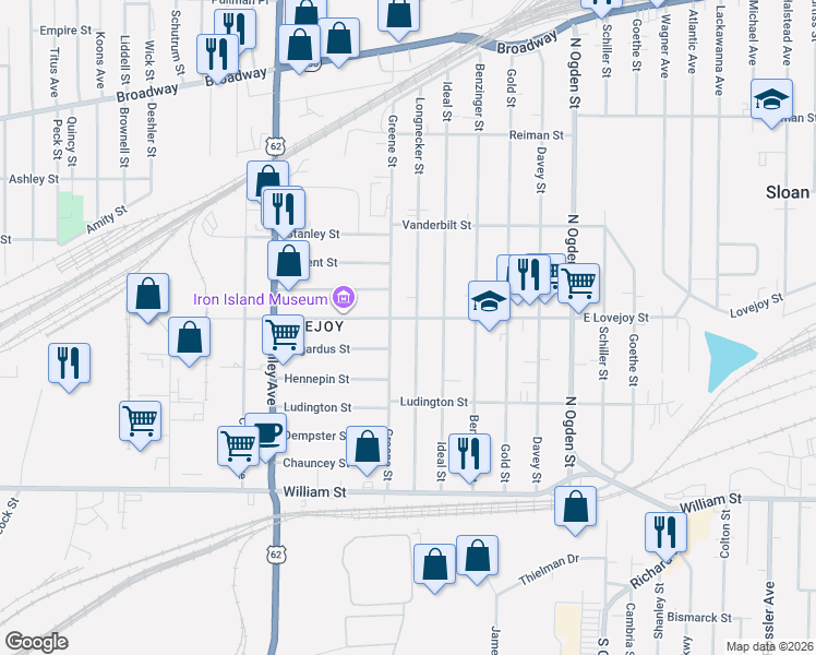 map of restaurants, bars, coffee shops, grocery stores, and more near 1079 East Lovejoy Street in Buffalo