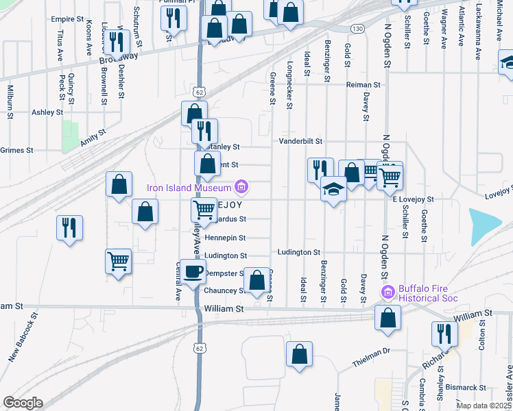 map of restaurants, bars, coffee shops, grocery stores, and more near 1033 East Lovejoy Street in Buffalo