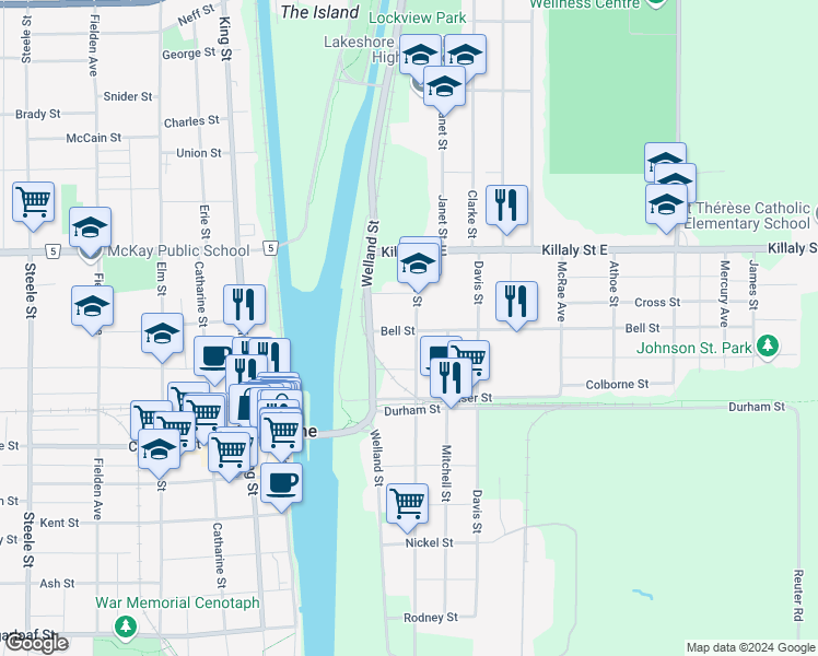 map of restaurants, bars, coffee shops, grocery stores, and more near in Port Colborne